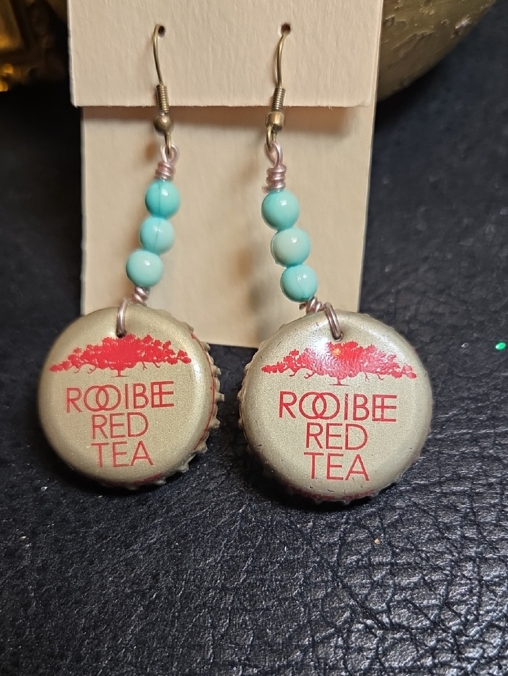 Handmade Bottle Cap Drop Earrings with Turquoise Beads